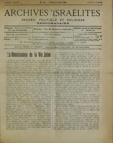 Archives israélites de France. Vol.80 N°14 (03 avr. 1919)